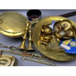 VINTAGE & LATER BRASSWARE, collectable tins, along with a copper and brass long handled warming pan