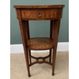 ANTIQUE CROSSBANDED MAHOGANY OVAL TOPPED OCCASIONAL TABLE with narrow drawer, base shelf and