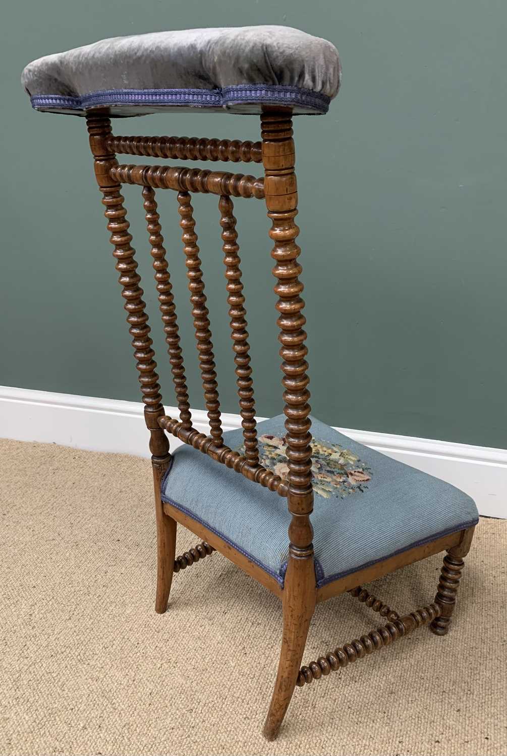 PRE-DIEU CHAIR, a walnut bobbin backed chair with padded top rail and tapestry seat, 94cms H, - Image 2 of 2