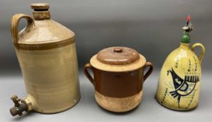 STONEWARE FLAGON WITH TAP, ceramic crock pot with lid and a Portugese flagon with stopper, the