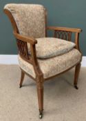 ANTIQUE MAHOGANY ELBOW CHAIR with upholstered back and seat, fretwork to the arms, on tapered and