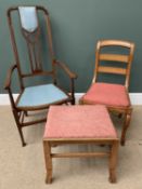 TWO ANTIQUE CHAIRS & STOOL to include a high back elbow chair, 112cms H, 56cms W, 43cms D