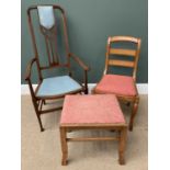TWO ANTIQUE CHAIRS & STOOL to include a high back elbow chair, 112cms H, 56cms W, 43cms D