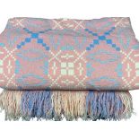 TRADITIONAL WELSH WOOLLEN BLANKET - in pink and blue reversible pattern, 218 x 150cms
