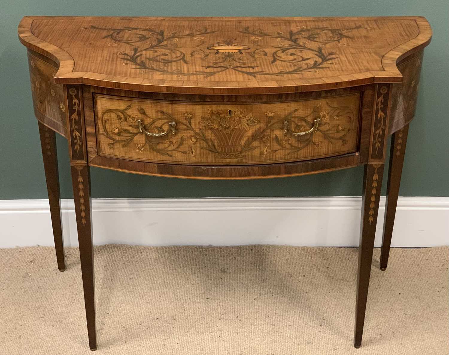 FRENCH SATINWOOD URN & FLORAL INLAID SIDE TABLE having a shaped top and single central drawer on