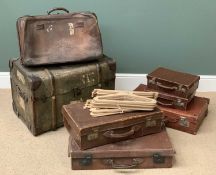 VINTAGE LUGGAGE ASSORTMENT to include a large trunk with quantity of wooden coat hangers, 50cms H,