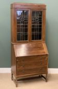 VINTAGE OAK BOOKCASE BUREAU, the upper section with two leaded glass doors over a base with sloped