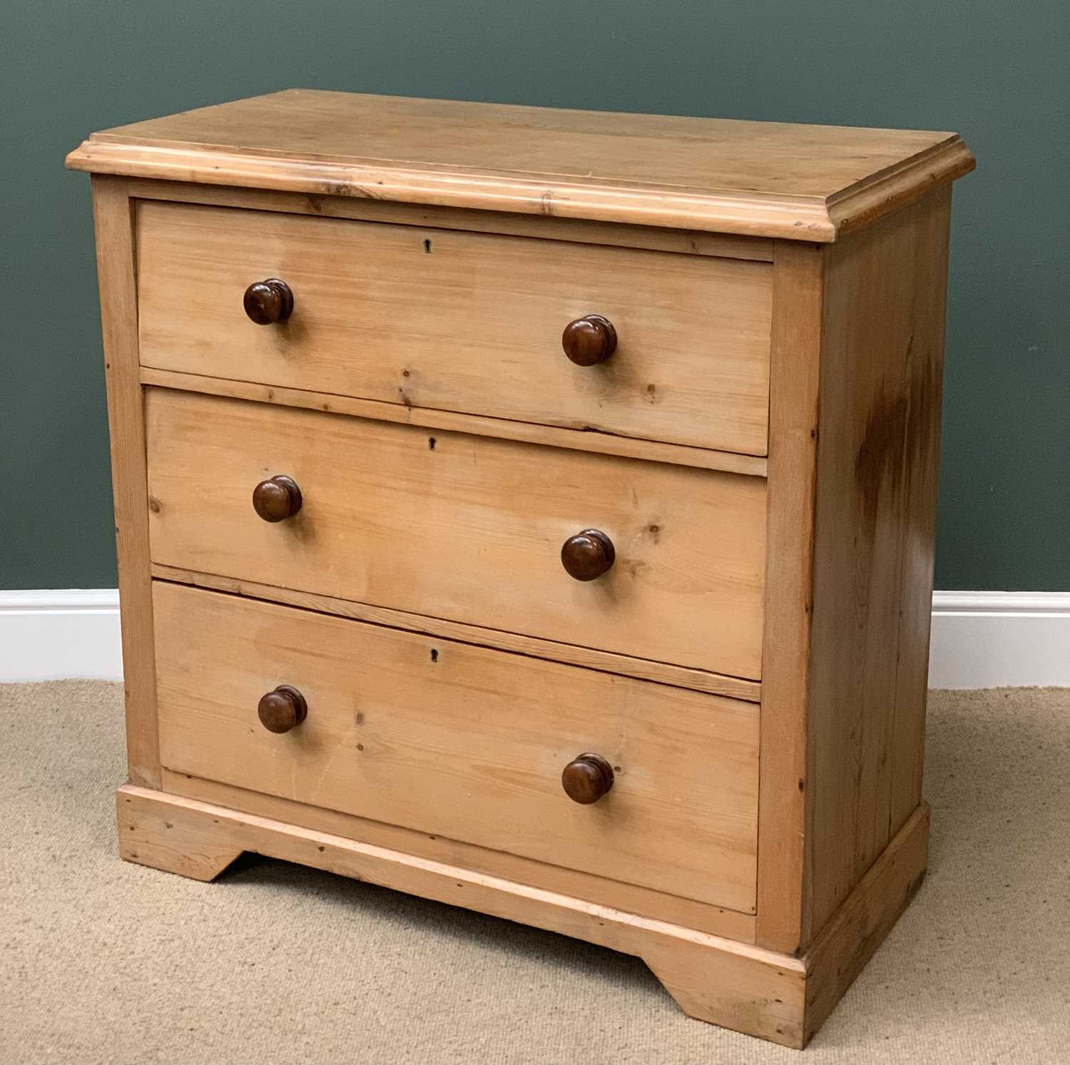 VINTAGE PINE CHEST OF THREE DEEP DRAWERS with turned knobs, 103cms H, 104cms W, 49cms D