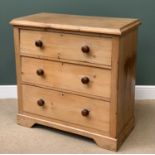 VINTAGE PINE CHEST OF THREE DEEP DRAWERS with turned knobs, 103cms H, 104cms W, 49cms D