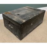 VINTAGE METAL TRUNK/SECURITY BOX (painted black) with iron handles, 33cms H, 75cms W, 51cms D
