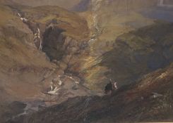 INDISTINCTLY SIGNED watercolour - Continental? figures with rifles in a mountainous landscape, 36