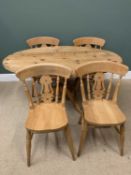 FARMHOUSE PINE TYPE KITCHEN TABLE & CHAIRS, the table oval topped on a single pedestal, 75cms H,