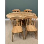 FARMHOUSE PINE TYPE KITCHEN TABLE & CHAIRS, the table oval topped on a single pedestal, 75cms H,