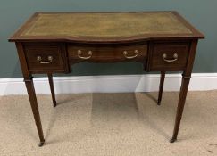 ANTIQUE MAHOGANY KNEEHOLE DESK with tooled leather effect top, bow front, on tapered supports, 73cms