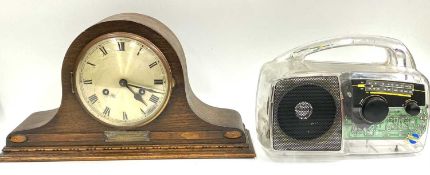 ANTIQUE OAK MANTEL CLOCK - with Roman numerals on a silvered dial, 23 x 43 x 13cms and a 'See