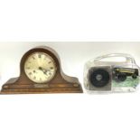 ANTIQUE OAK MANTEL CLOCK - with Roman numerals on a silvered dial, 23 x 43 x 13cms and a 'See
