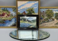 BEVEL EDGED VINTAGE WALL MIRROR, three gilt framed woolwork pictures and a framed print of an Alpine