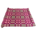 TRADITIONAL WELSH WOOLLEN BLANKET - ground burgundy with greens and whites, etc, tasselled ends, 150