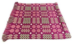 TRADITIONAL WELSH WOOLLEN BLANKET - ground burgundy with greens and whites, etc, tasselled ends, 150