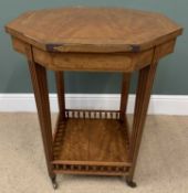 EDWARDIAN WALNUT CROSSBANDED OCTAGONAL TOP OCCASIONAL TABLE with galleried base shelf, 78cms H,