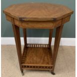 EDWARDIAN WALNUT CROSSBANDED OCTAGONAL TOP OCCASIONAL TABLE with galleried base shelf, 78cms H,