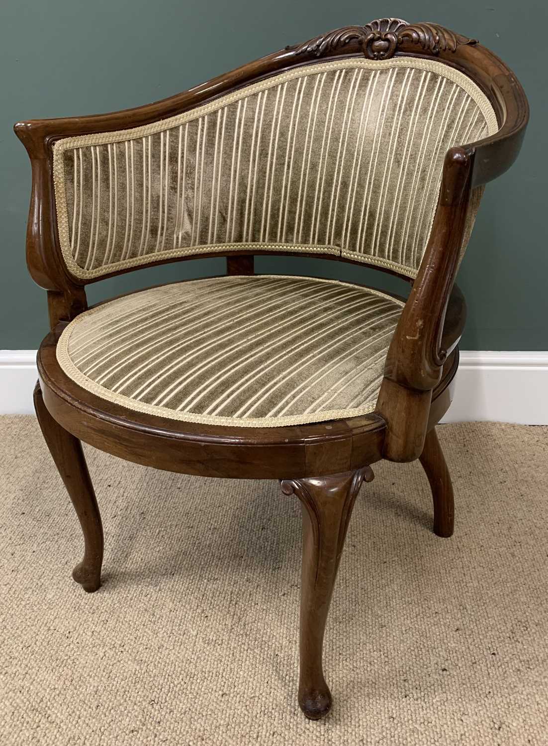 ANTIQUE MAHOGANY CIRCULAR SEAT TUB CHAIR, a fine example with carved back, striped upholstery, on