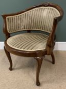 ANTIQUE MAHOGANY CIRCULAR SEAT TUB CHAIR, a fine example with carved back, striped upholstery, on
