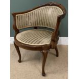 ANTIQUE MAHOGANY CIRCULAR SEAT TUB CHAIR, a fine example with carved back, striped upholstery, on