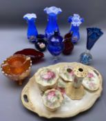 COLOURFUL GLASSWARE & A POTTERY PART DRESSING TABLE SET