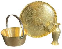 BRASSWARE - charger, 49cms diameter, iron handled jam pan, 34cms H, 31cms diameter and an Eastern