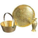 BRASSWARE - charger, 49cms diameter, iron handled jam pan, 34cms H, 31cms diameter and an Eastern