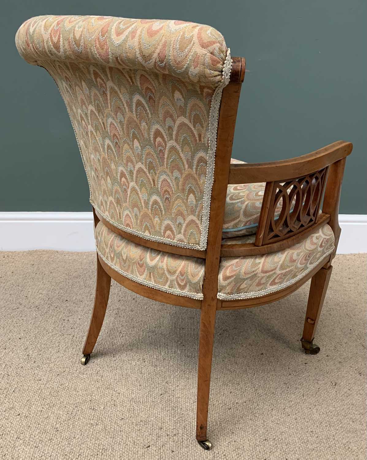 ANTIQUE MAHOGANY ELBOW CHAIR with upholstered back and seat, fretwork to the arms, on tapered and - Image 2 of 2