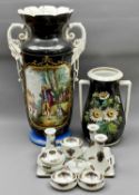 LARGE VICTORIAN PORCELAIN VASES (2) and a nine piece Victoria china dressing table set, 58cms H