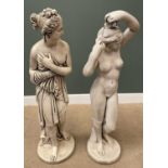 GARDEN STATUES - two reconstituted stoneware figurines of classical ladies, on circular bases,