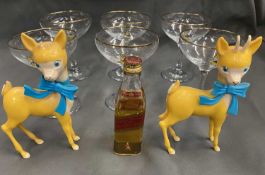 BABYCHAM SET OF 6 BOATS - with logo on bowl and base, a pair of Babycham props and a Johnny Walker