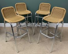 SET OF FOUR BAR STOOLS/CHAIRS with cane effect seats and chrome legs, 100cms H