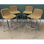 SET OF FOUR BAR STOOLS/CHAIRS with cane effect seats and chrome legs, 100cms H