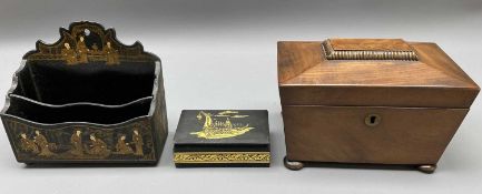 REGENCY MAHOGANY SARCOPHAGUS SHAPED TEA CADDY, chinoiserie decorated papier mache desk stand and a