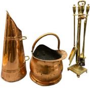 COPPER HELMET COAL SCUTTLE, a copper coal scuttle and a good set of brass fire irons on stand