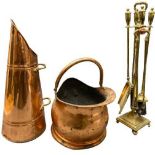 COPPER HELMET COAL SCUTTLE, a copper coal scuttle and a good set of brass fire irons on stand