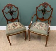 ANTIQUE PAINTED MAHOGANY CHAIRS WITH OPEN SHIELD SHAPE BACKS, vase, ribbon and floral carved central