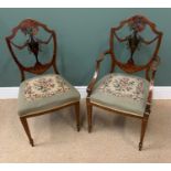 ANTIQUE PAINTED MAHOGANY CHAIRS WITH OPEN SHIELD SHAPE BACKS, vase, ribbon and floral carved central