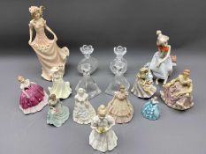 COALPORT, LLADRO & OTHER LADY FIGURINES along with four glass scent bottles and stoppers, figures