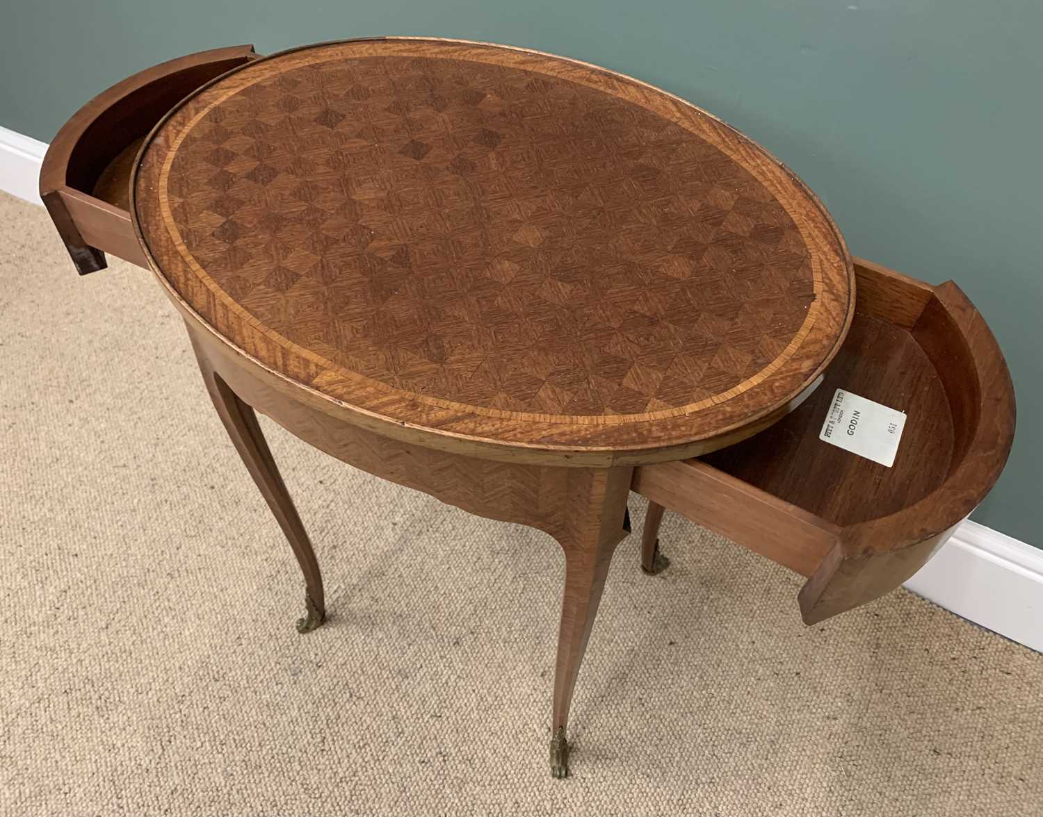 ANTIQUE FRENCH CHEQUERED TOP OVAL OCCASIONAL TABLE, herringbone veneer with two drawers, on shaped - Image 2 of 3