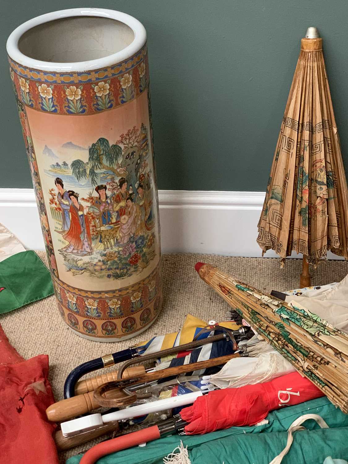 JAPANESE POTTERY STICKSTAND with quantity of vintage walking sticks, umbrellas, parasols and - Image 3 of 3