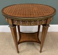 EMPIRE STYLE OVAL TOPPED OCCASIONAL TABLE crossbanding and inlaid surfaces with gilt ormolu and