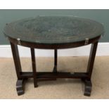 CARVED WOOD CHINESE METAMORPHIC CIRCULAR TOPPED TABLE, 51cms H, 61cms diameter