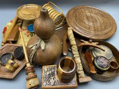 TREEN MIXED WOODS COLLECTABLES - a Lazy Susan, 36cms diameter, double gourd nut, turned bowls and