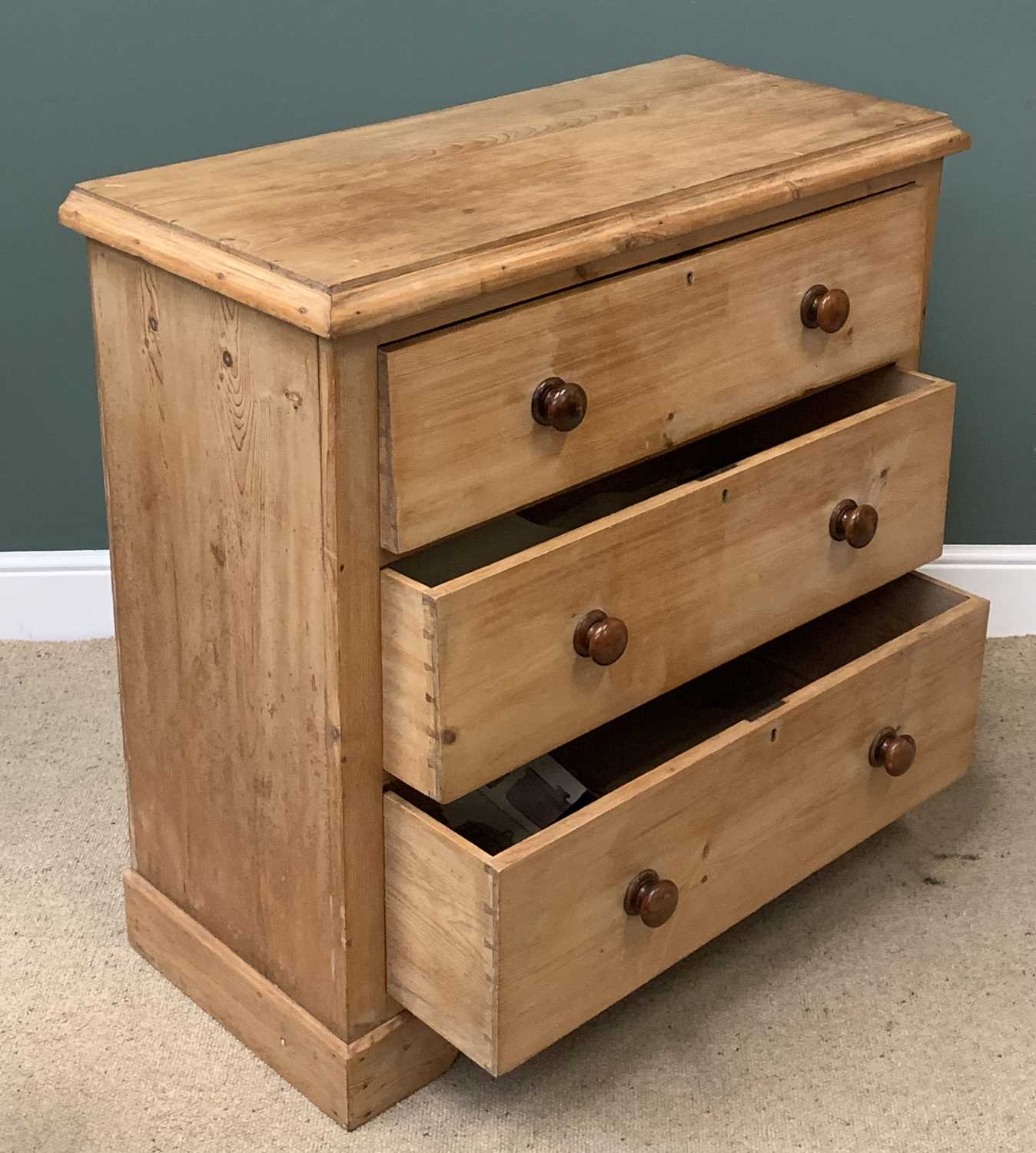 VINTAGE PINE CHEST OF THREE DEEP DRAWERS with turned knobs, 103cms H, 104cms W, 49cms D - Image 2 of 3