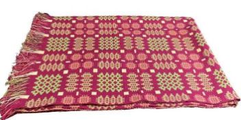 TRADITIONAL WELSH WOOLLEN BLANKET - ground burgundy with greens and whites, etc, tasselled ends, 180